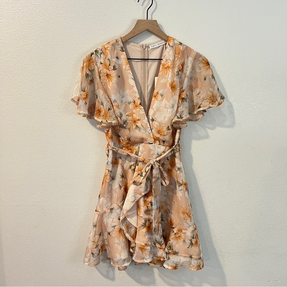 Saints + Secrets Chiffon Floral Flutter Sleeve Tie Waist Faux Wrap Mini Dress M - Picture 2 of 16